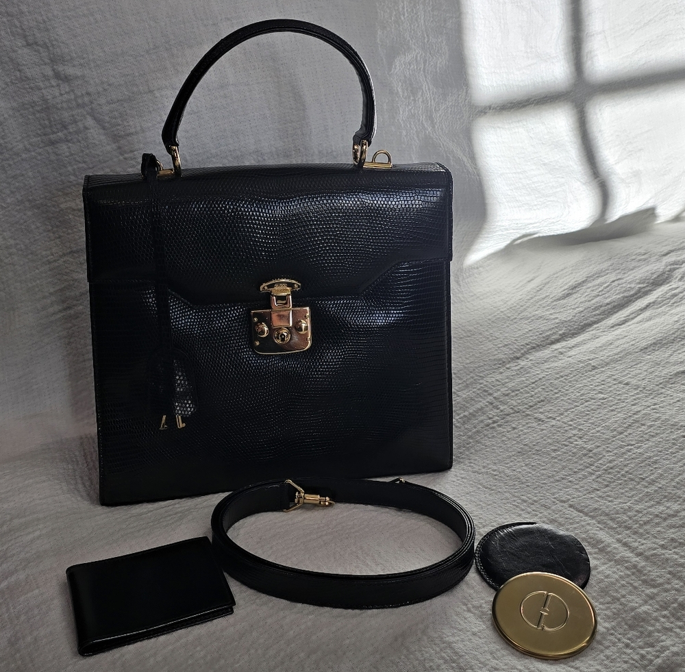 Gucci Lizard Lady Lock Bag Kelly 28 Strap Handbag Purse Leather Exotic Black